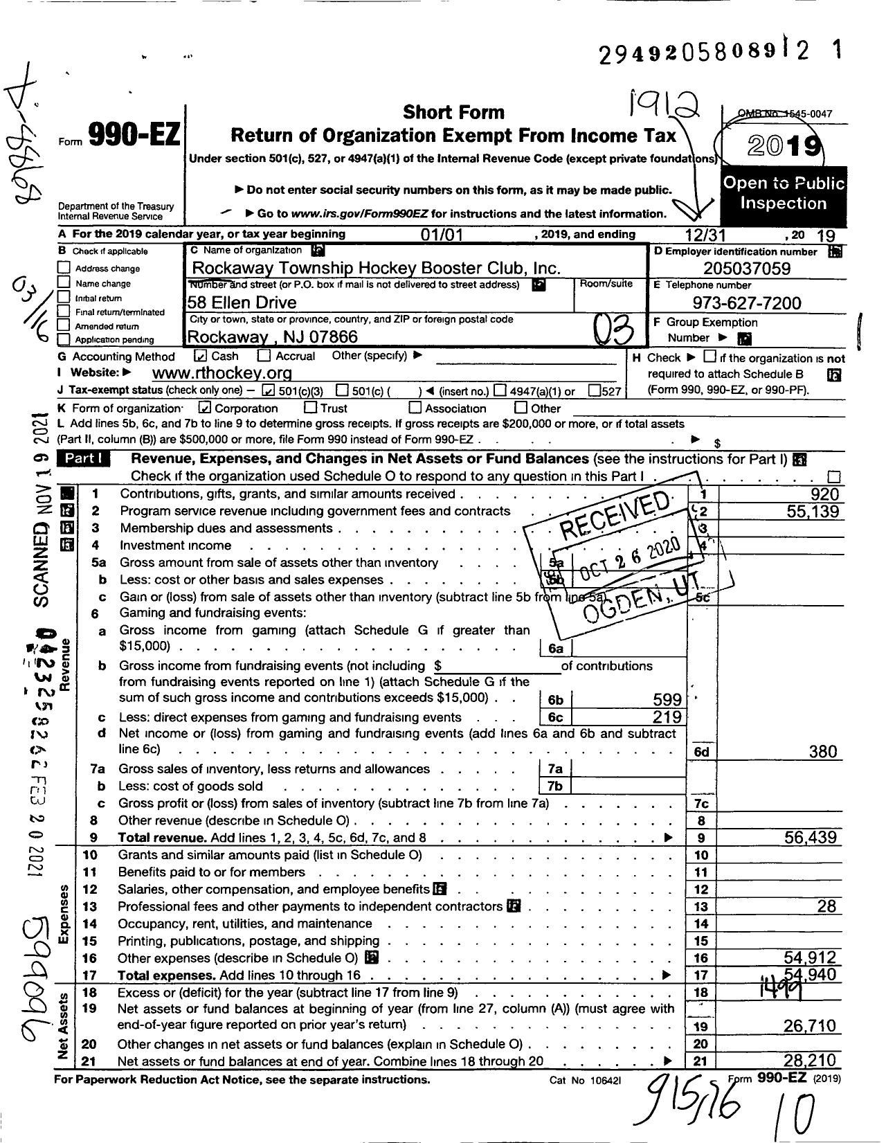 Image of first page of 2019 Form 990EZ for Rockaway Township Hockey Boosterclub