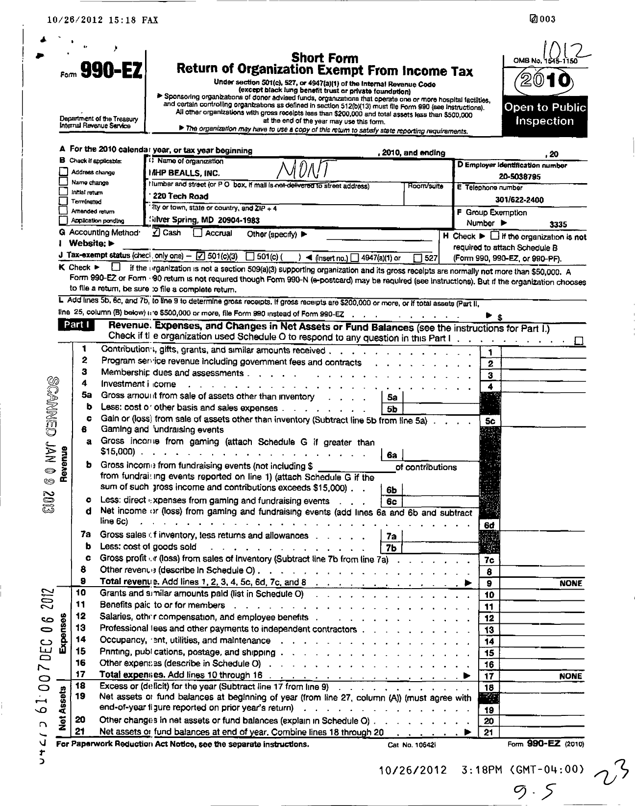 Image of first page of 2010 Form 990EZ for MHP Bealls