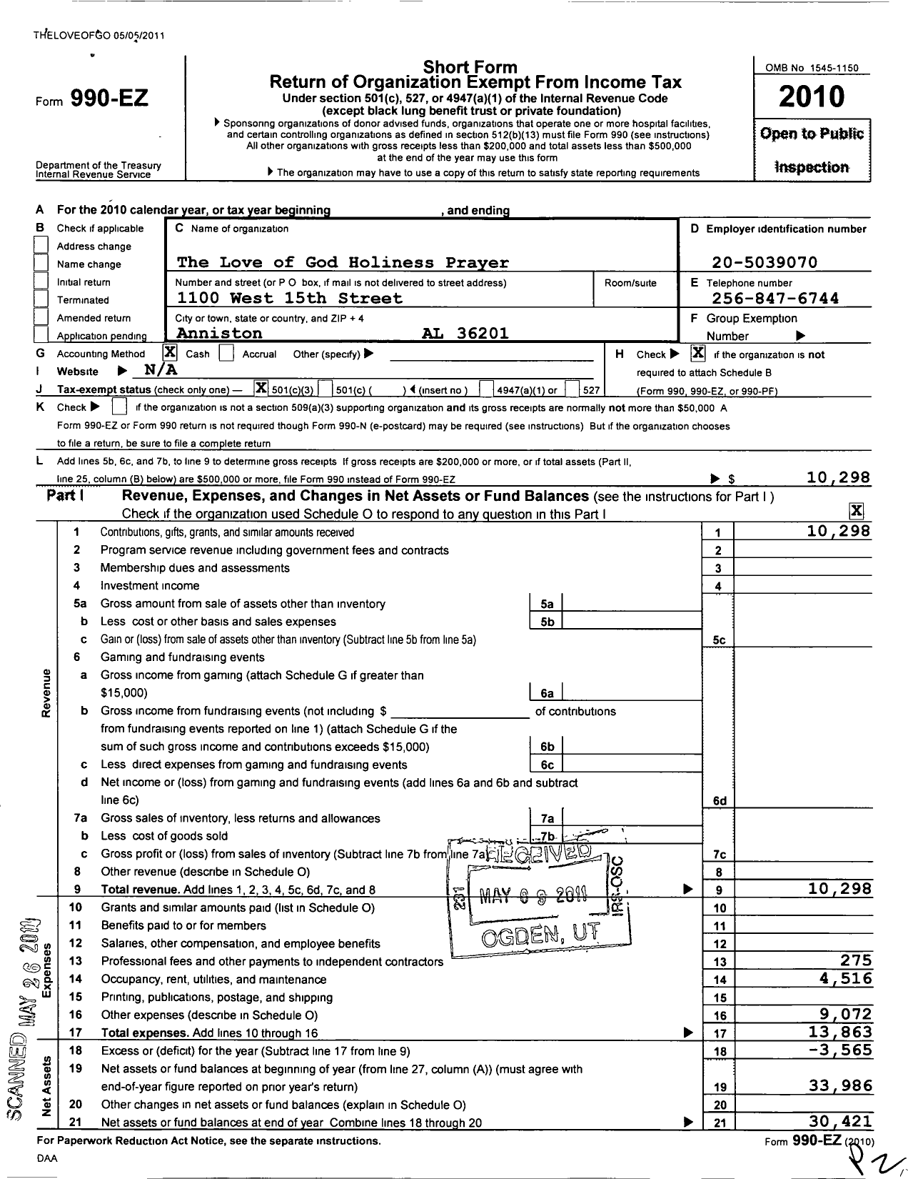 Image of first page of 2010 Form 990EZ for The Love of God Holiness Prayer Center