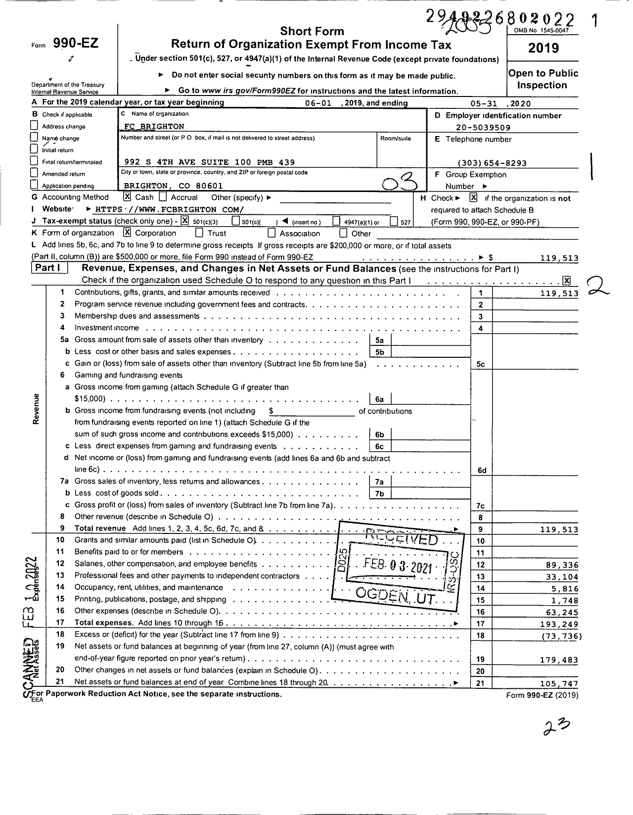 Image of first page of 2019 Form 990EZ for FC Brighton