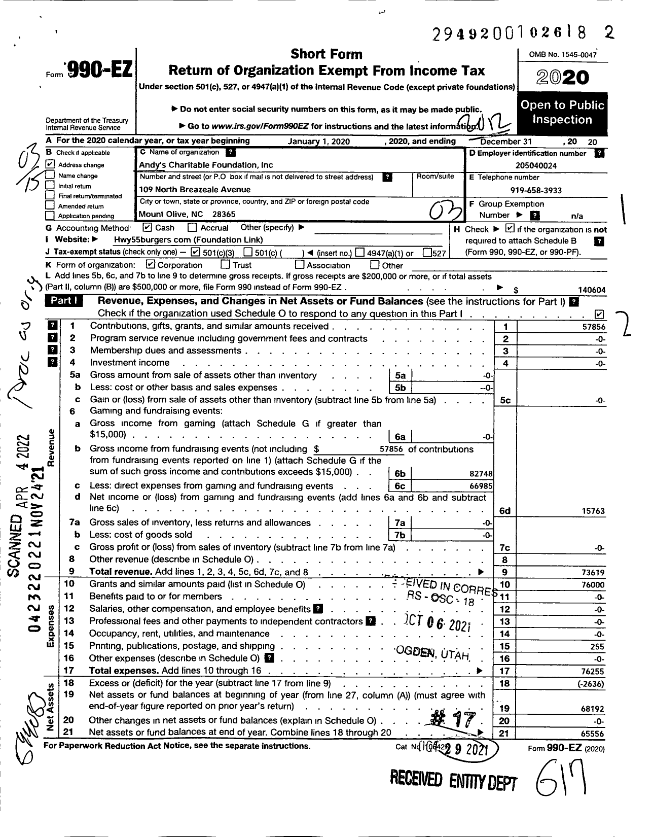 Image of first page of 2020 Form 990EZ for Andys Charitable Foundation