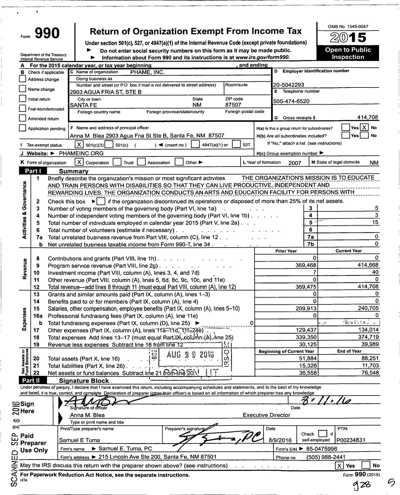 Image of first page of 2015 Form 990 for Phame