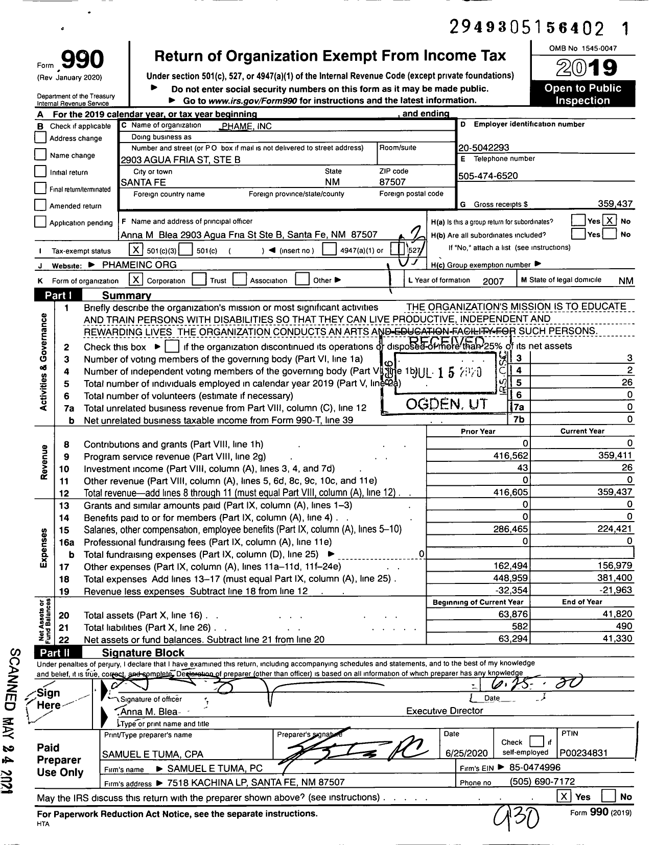 Image of first page of 2019 Form 990 for Phame