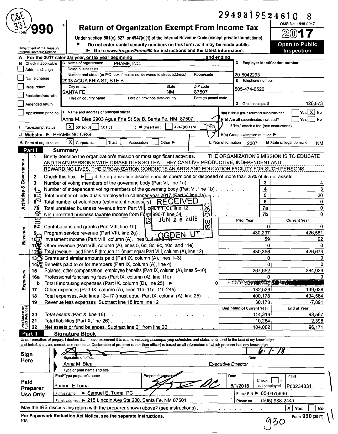 Image of first page of 2017 Form 990 for Phame