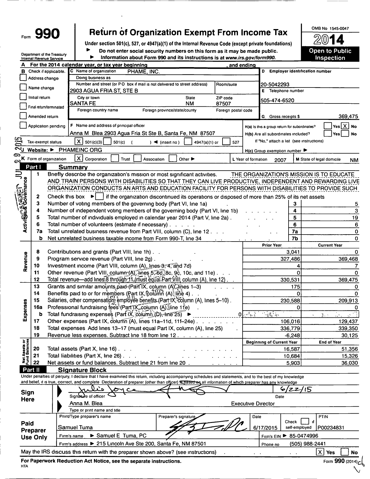 Image of first page of 2014 Form 990 for Phame