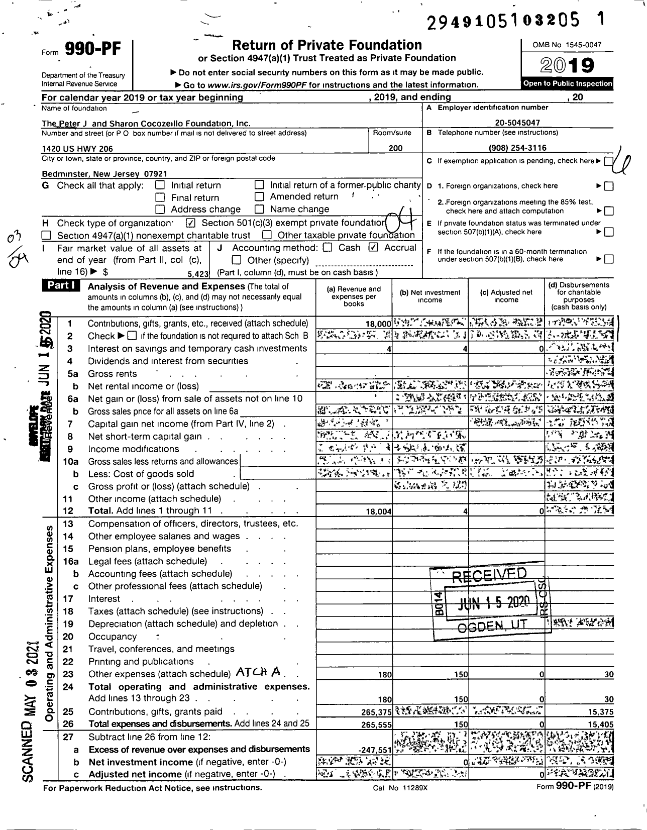 Image of first page of 2019 Form 990PF for The Peter J and Sharon Cocoziello Foundation