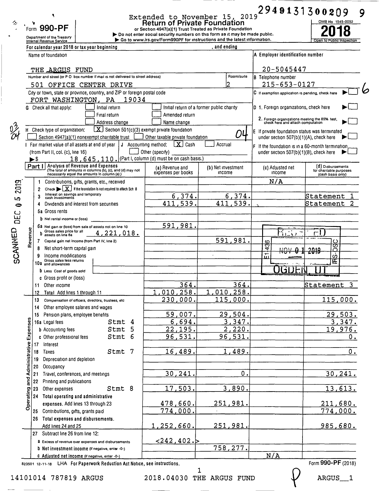 Image of first page of 2018 Form 990PF for The Argus Fund