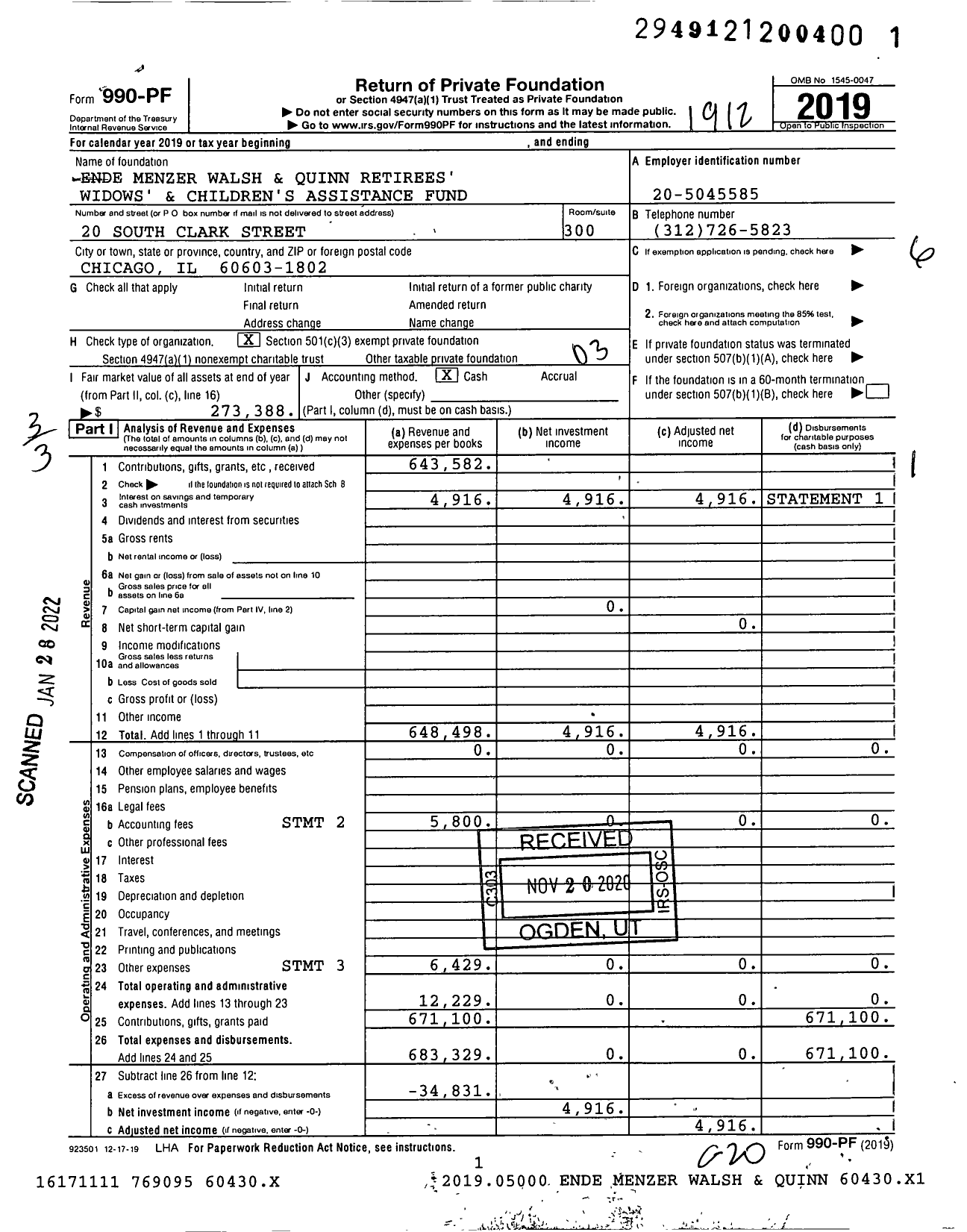 Image of first page of 2019 Form 990PF for Ende Menzer Walsh & Quinn Retirees Widows & Children's Assistance Fund