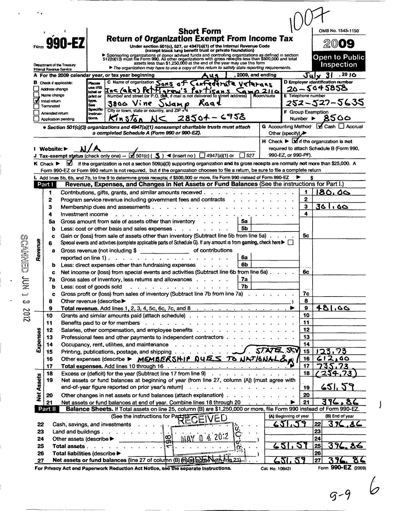 Image of first page of 2009 Form 990EZ for Sons of Confederate Veterans - Pettigrews Partisans Camp 2110