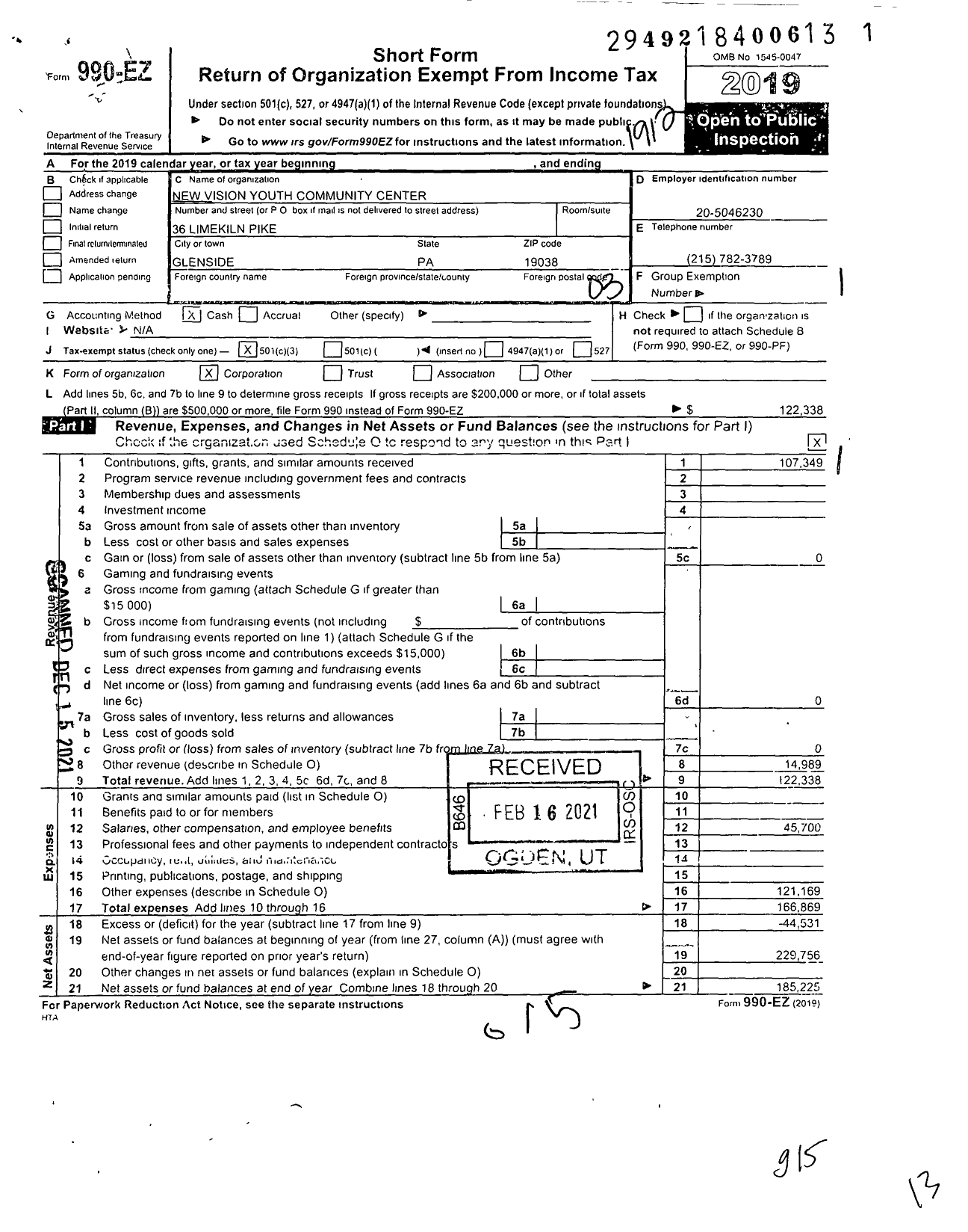 Image of first page of 2019 Form 990EZ for New Vision Youth Community Center