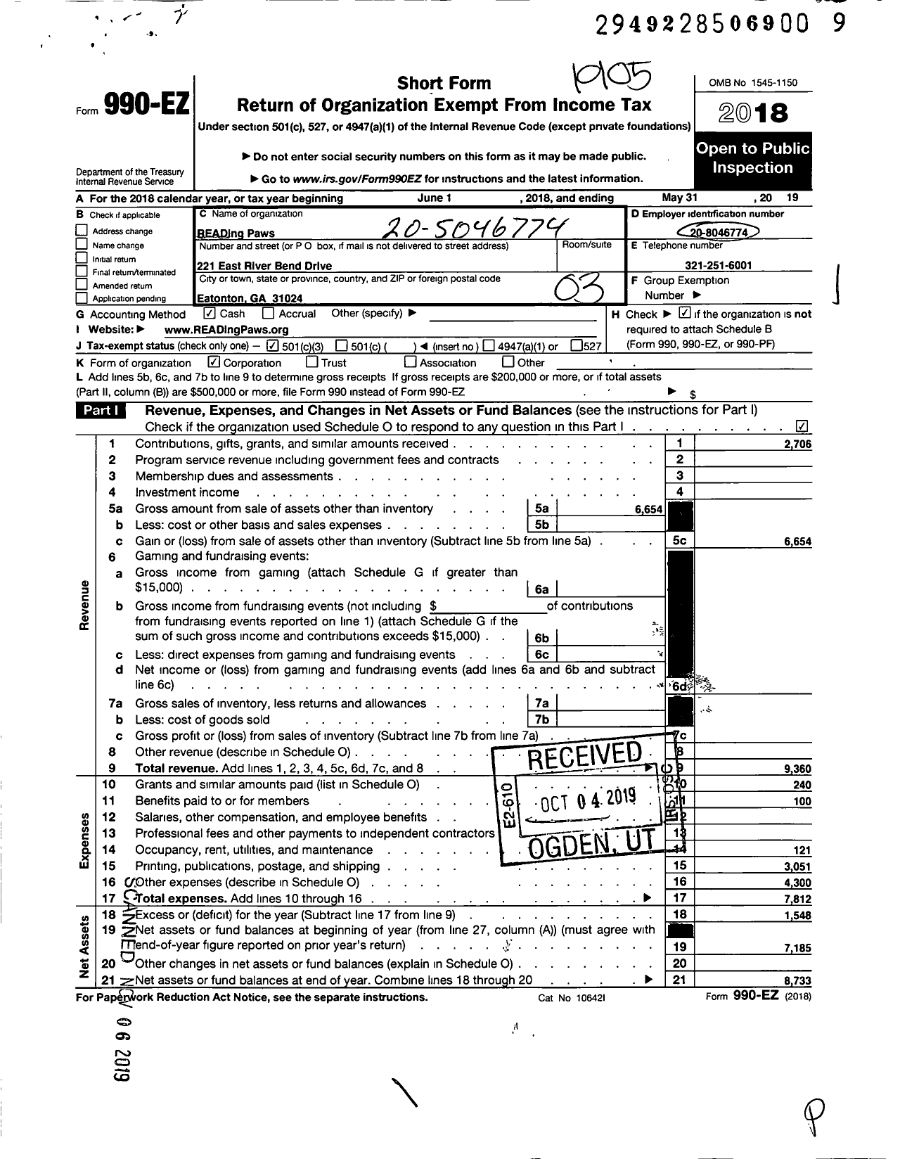 Image of first page of 2018 Form 990EZ for Reading Paws