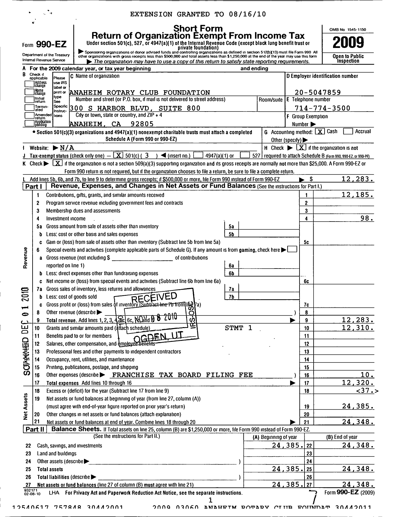 Image of first page of 2009 Form 990EZ for Anaheim Rotary Club Foundation