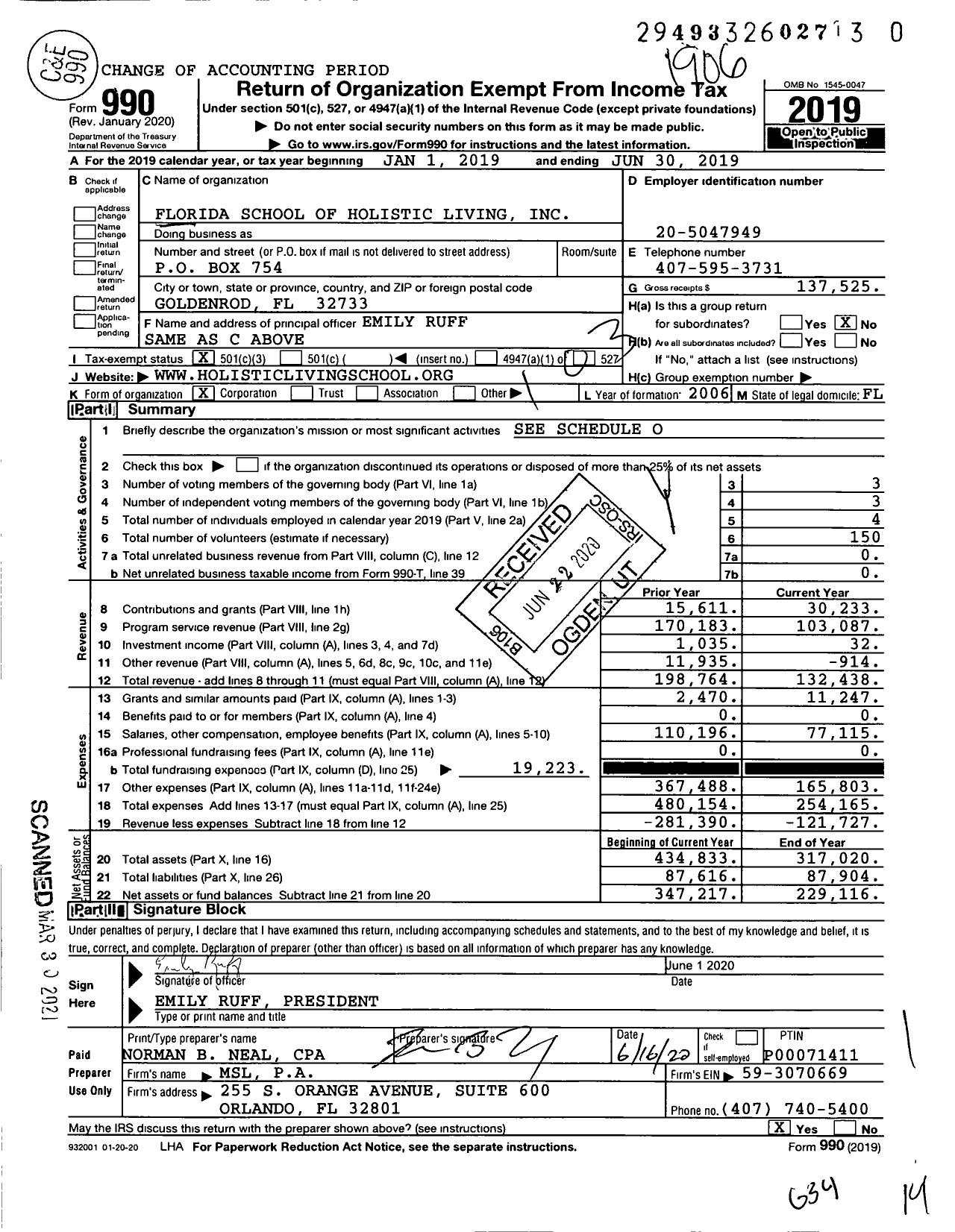 Image of first page of 2018 Form 990 for Florida School of Holistic Living