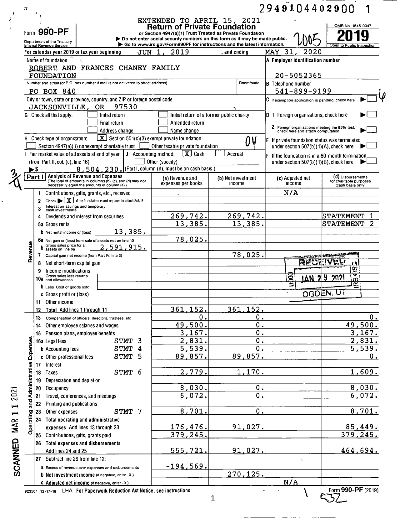 Image of first page of 2019 Form 990PF for Robert and Frances Chaney Family Foundation