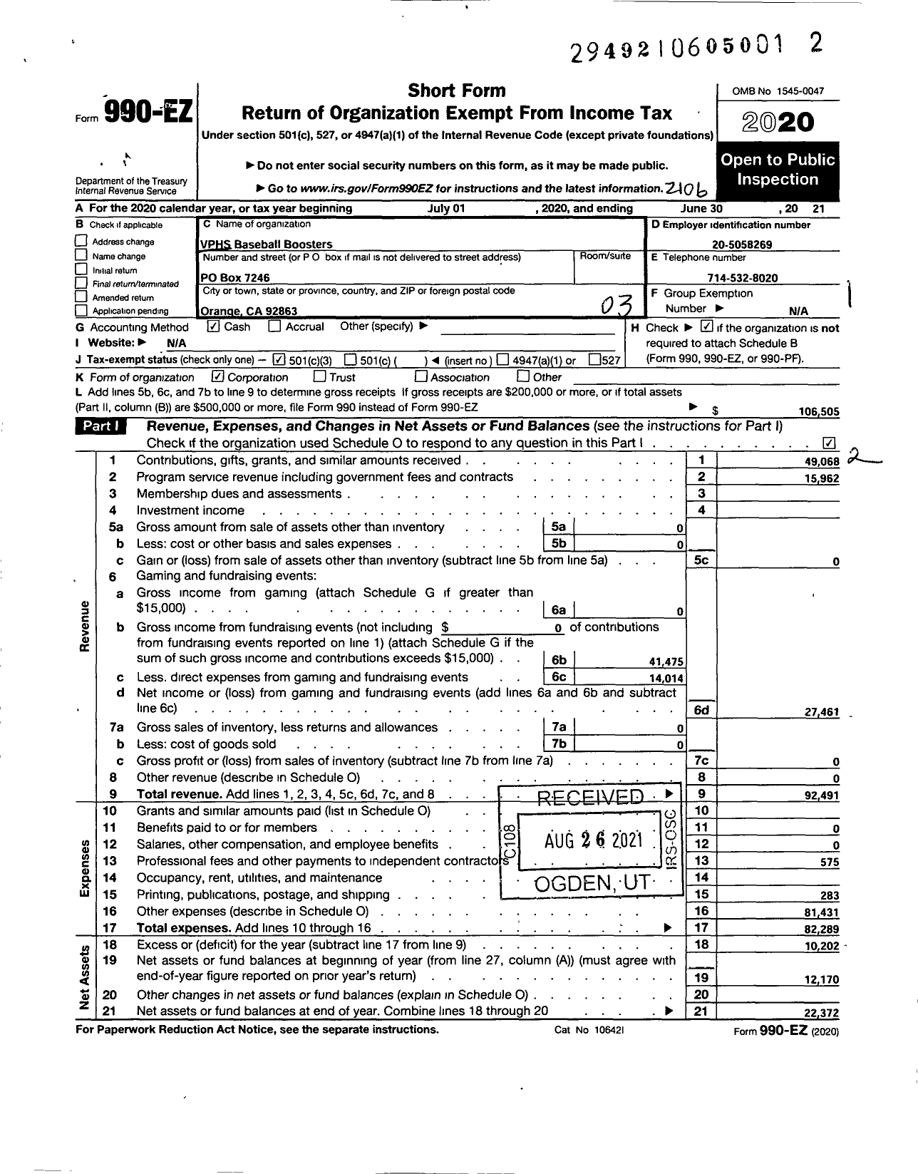 Image of first page of 2020 Form 990EZ for VPHS Baseball Boosters