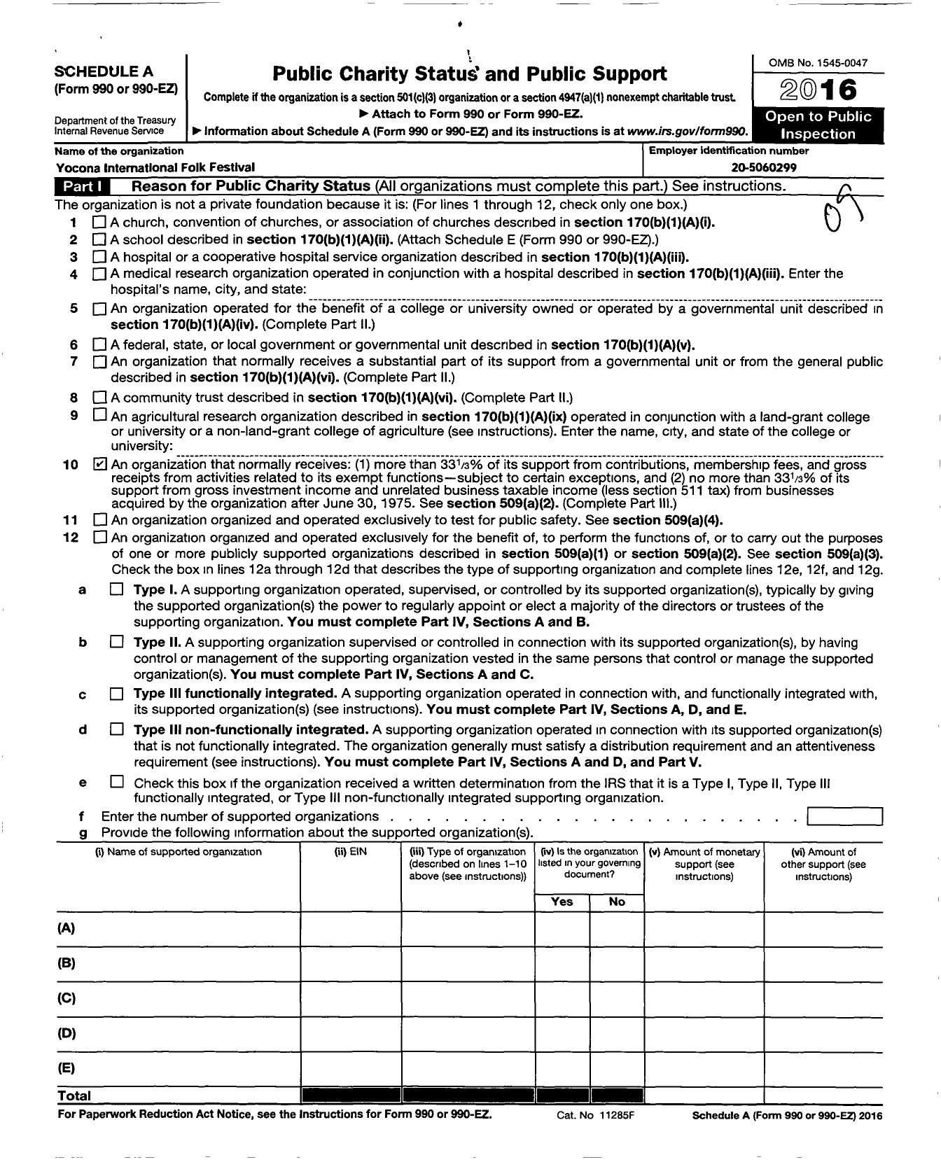 Image of first page of 2016 Form 990ER for Yocona International Folk Festival