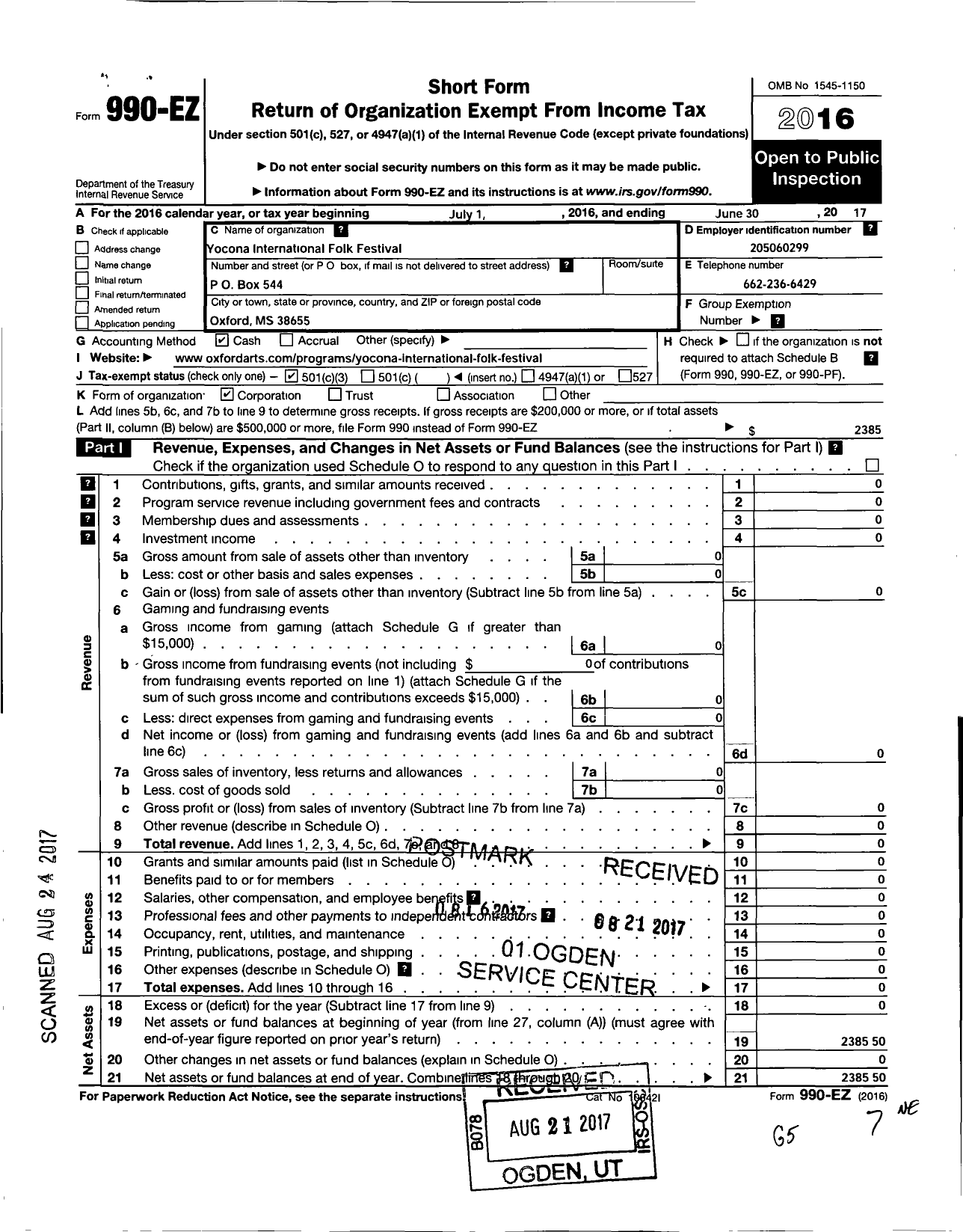 Image of first page of 2016 Form 990EZ for Yocona International Folk Festival