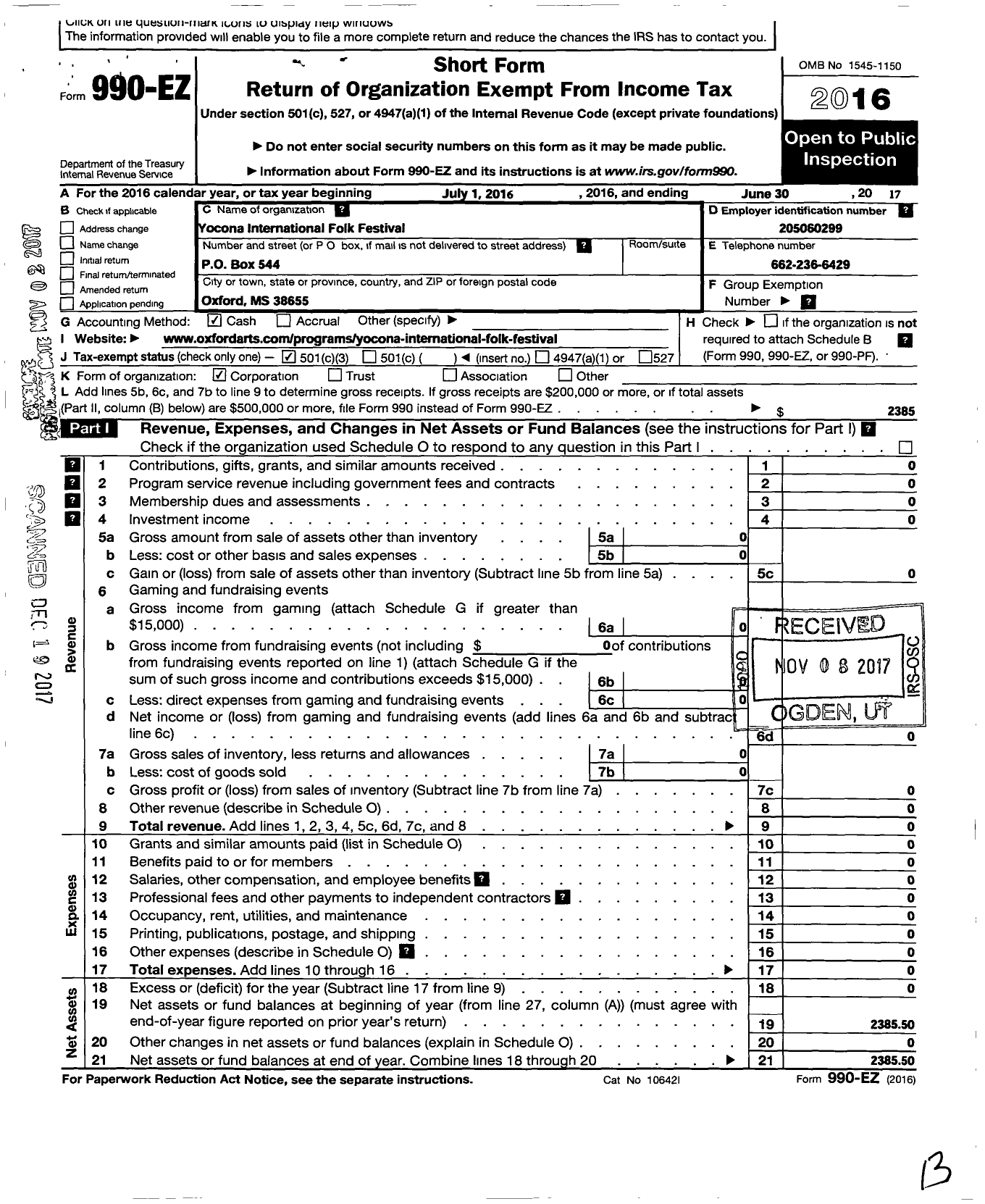 Image of first page of 2016 Form 990EZ for Yocona International Folk Festival