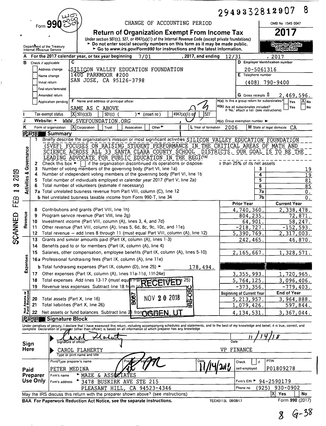 Image of first page of 2017 Form 990 for Silicon Valley Education Foundation (SVEF)
