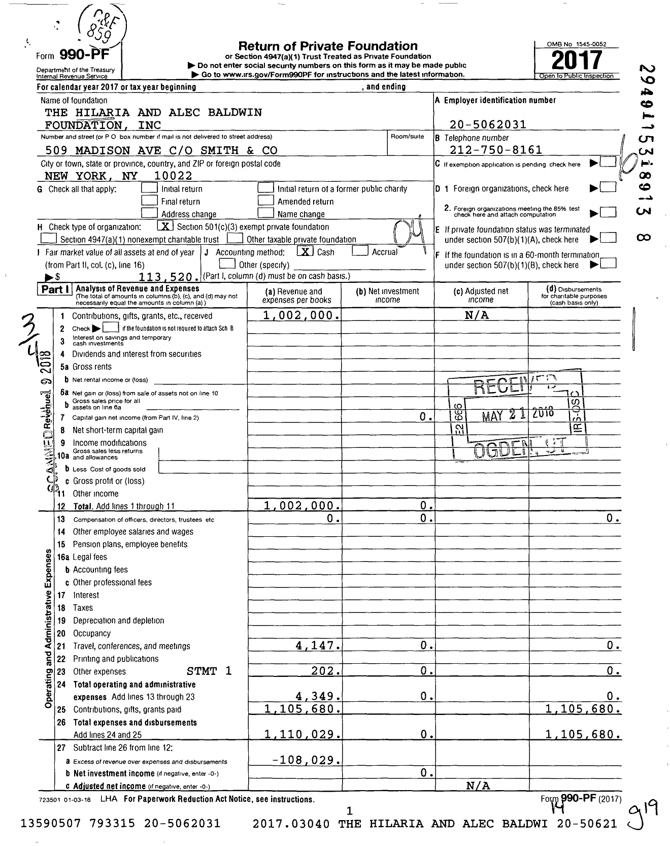 Image of first page of 2017 Form 990PF for The Alec Baldwin Foundation