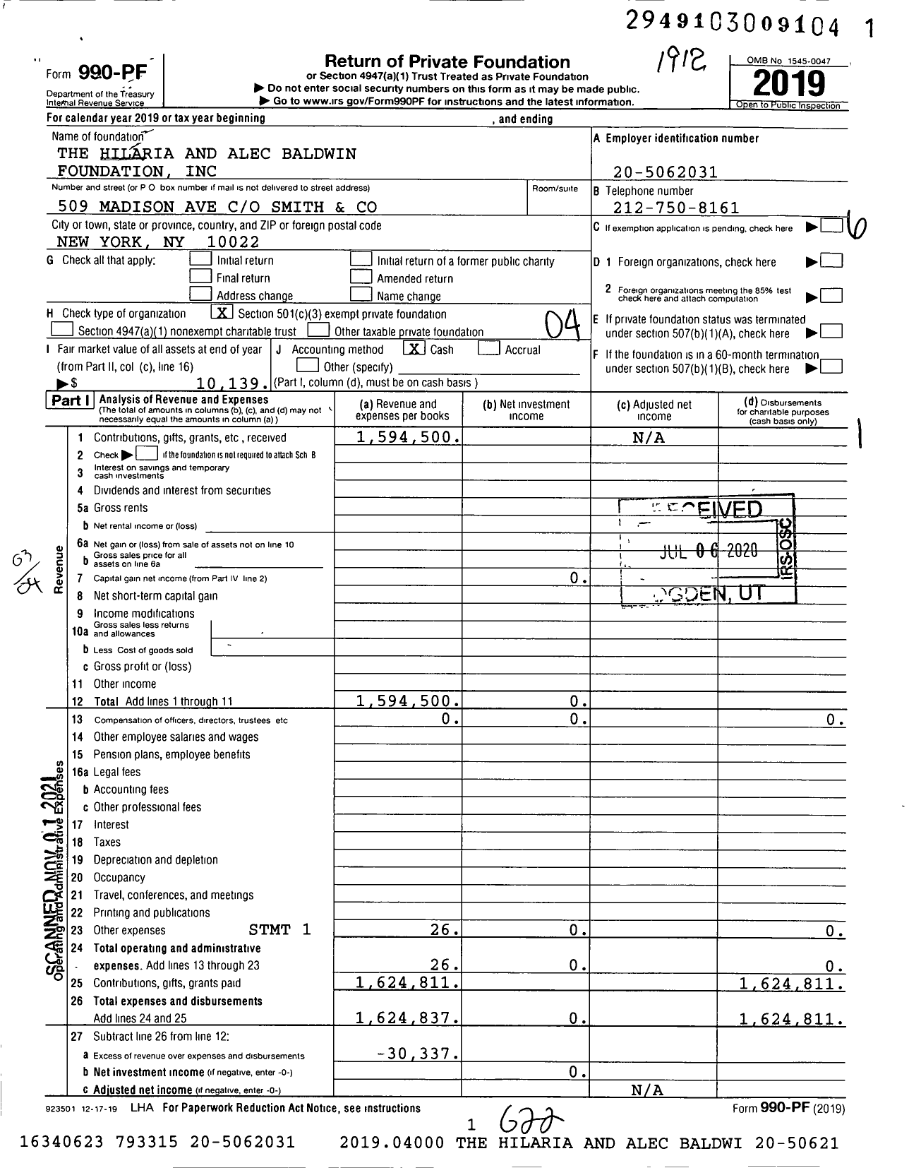 Image of first page of 2019 Form 990PF for The Alec Baldwin Foundation