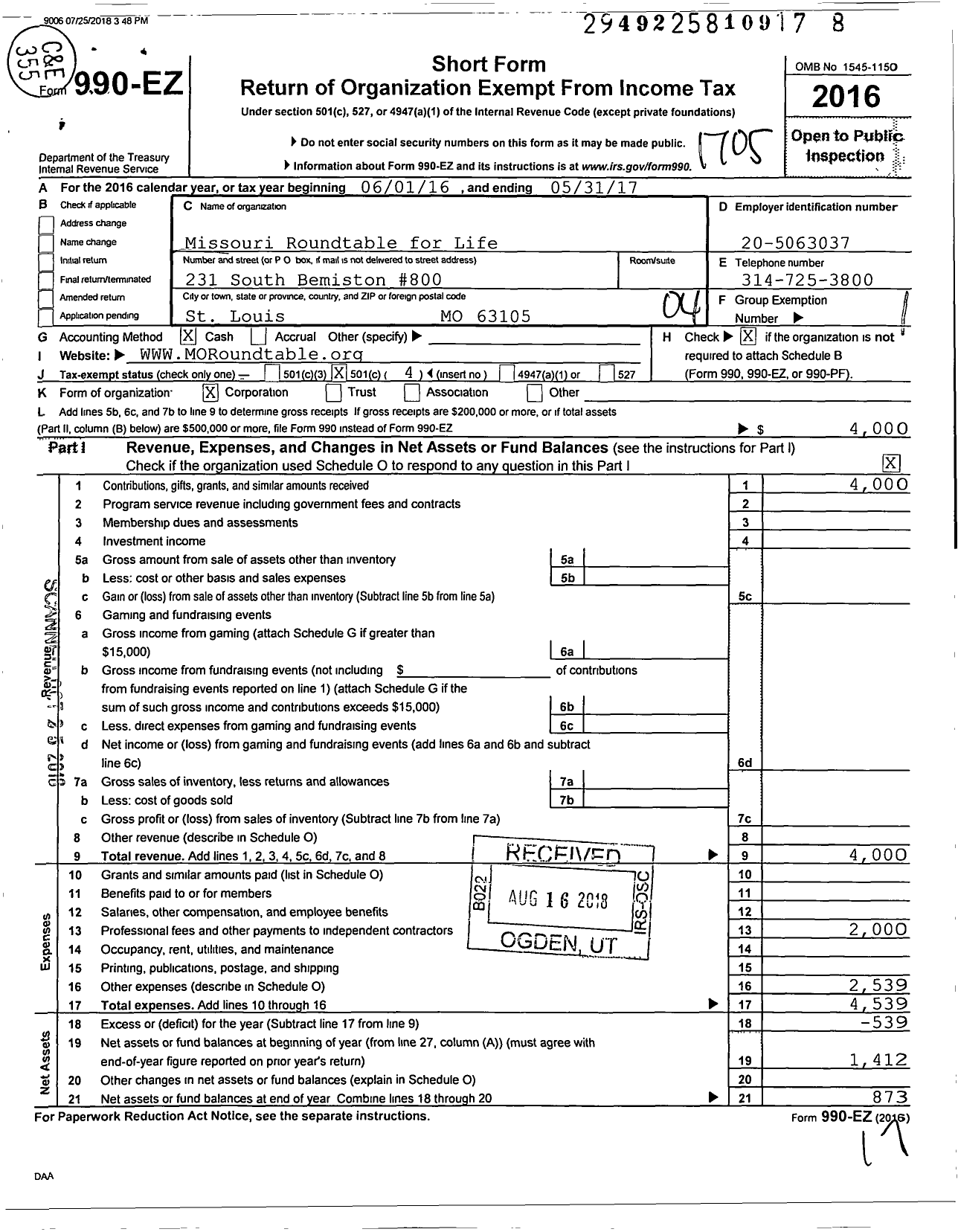 Image of first page of 2016 Form 990EO for Missouri Roundtable for Life