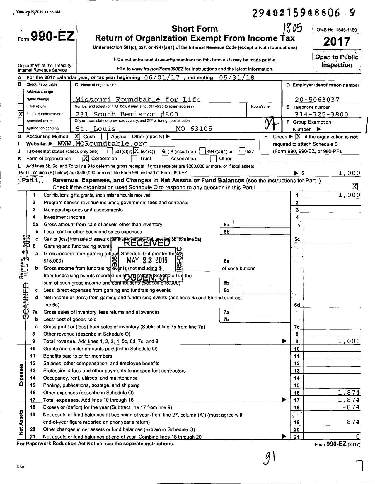 Image of first page of 2017 Form 990EO for Missouri Roundtable for Life