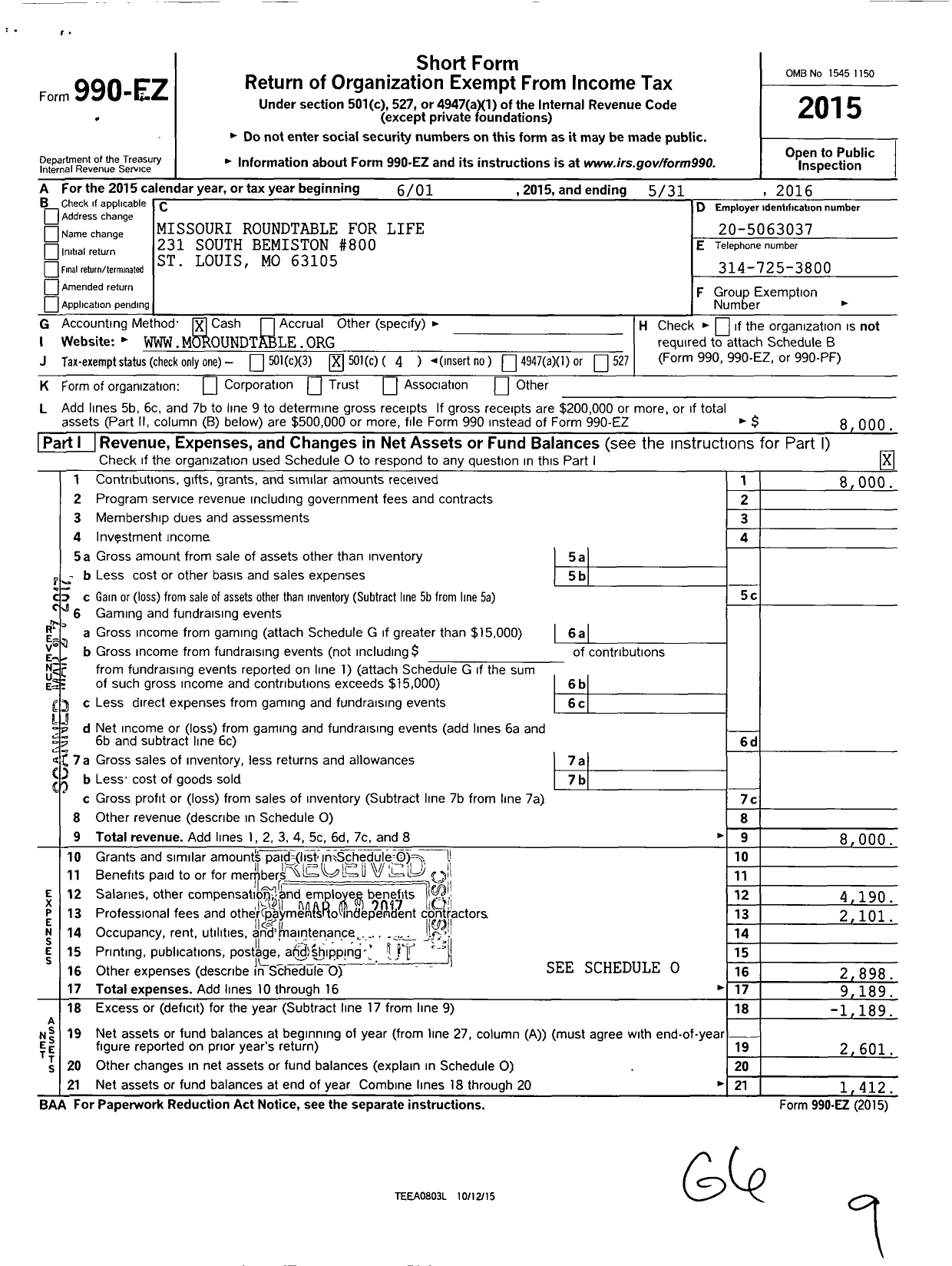 Image of first page of 2015 Form 990EO for Missouri Roundtable for Life