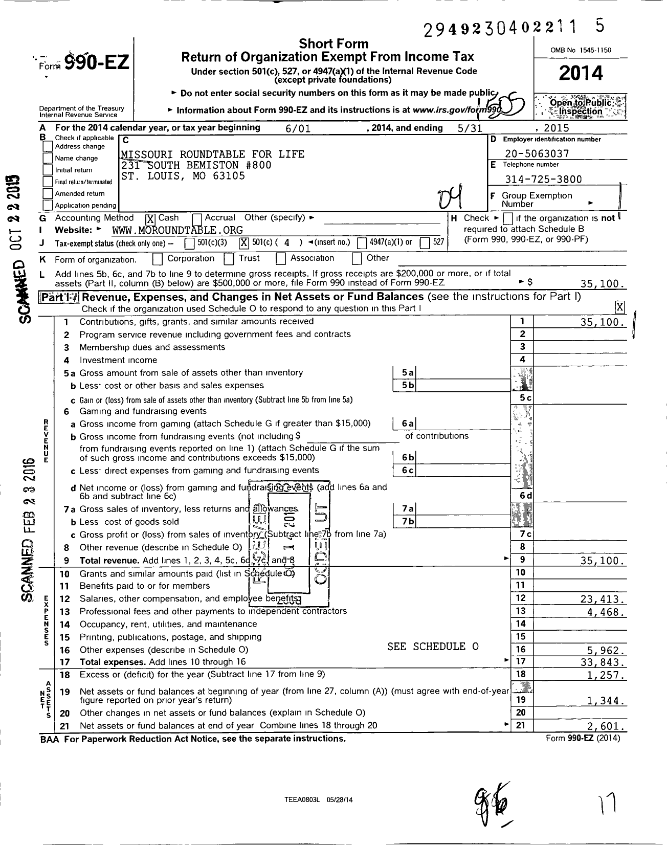 Image of first page of 2014 Form 990EO for Missouri Roundtable for Life