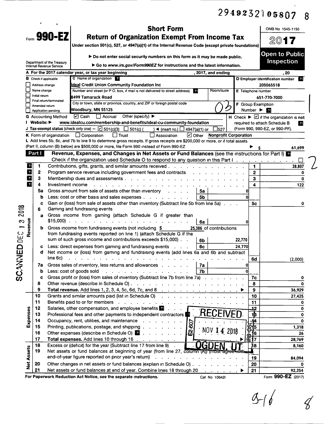 Image of first page of 2017 Form 990EZ for Ideal Credit Union Community Foundation