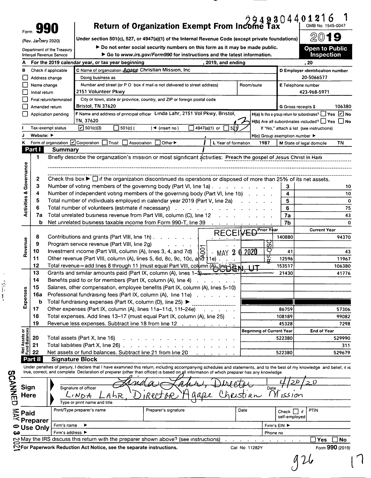 Image of first page of 2019 Form 990 for Agape Christian Missionincorporated