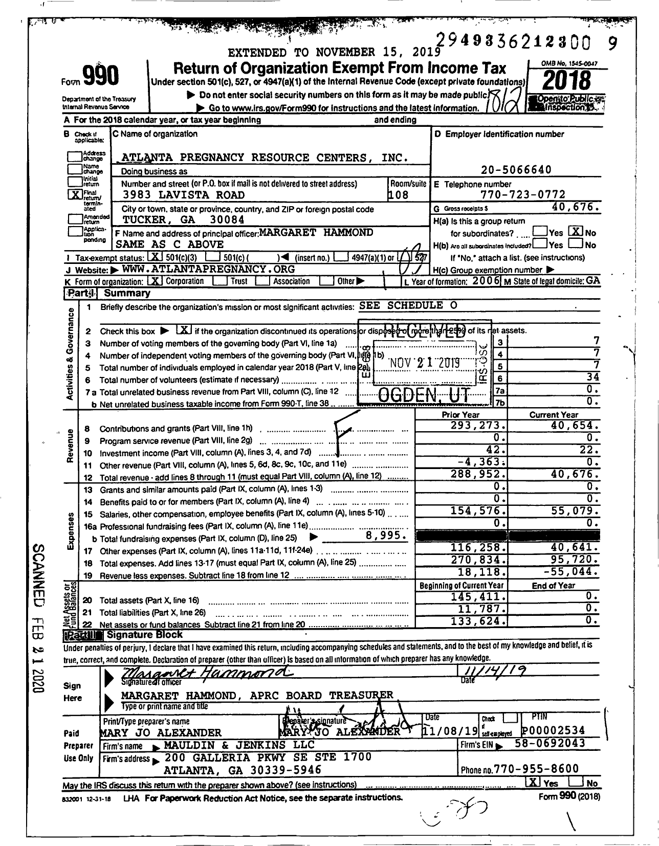 Image of first page of 2018 Form 990 for Atlanta Pregnancy Resource Centers