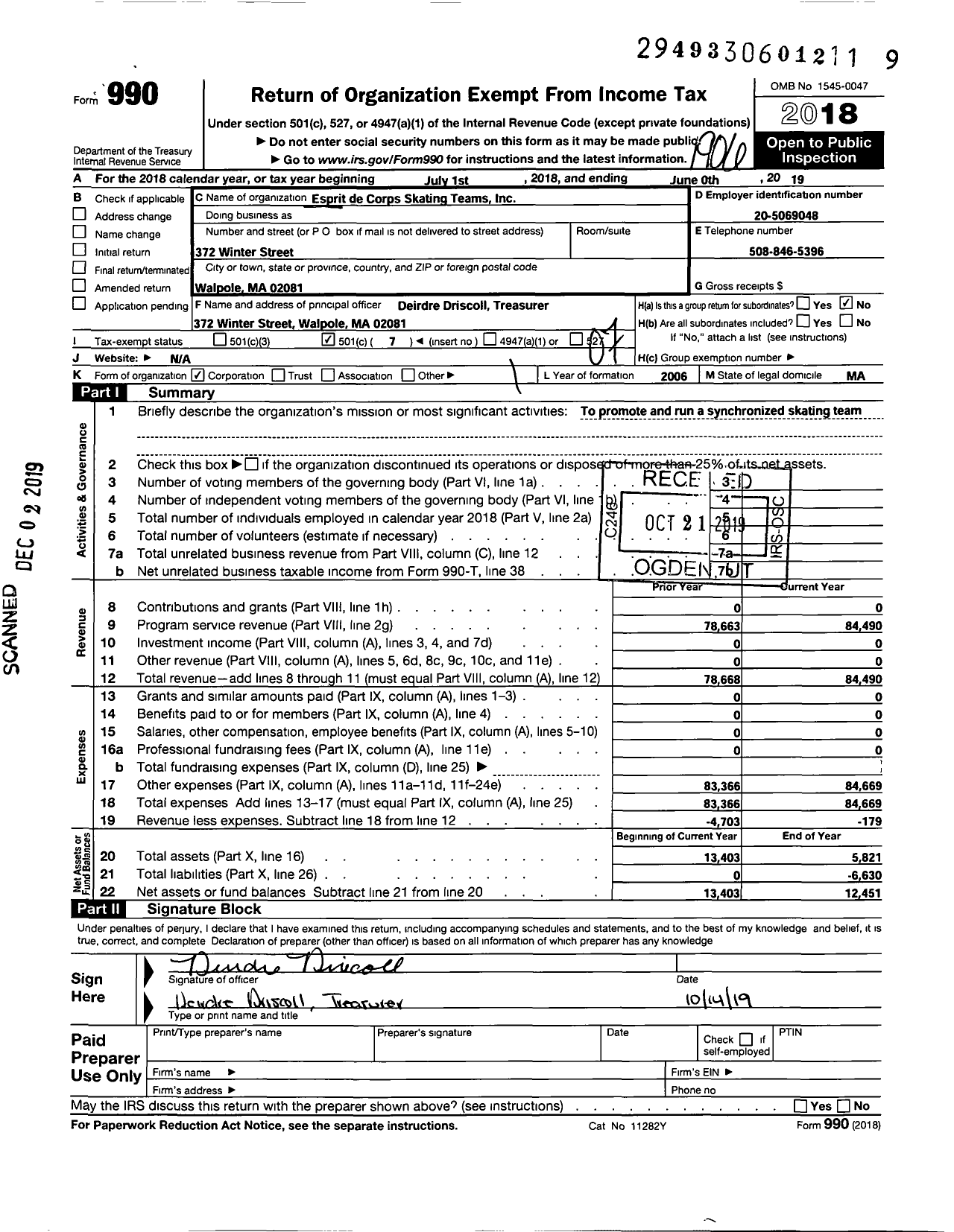 Image of first page of 2018 Form 990O for Esprit de Corps Skating Teams