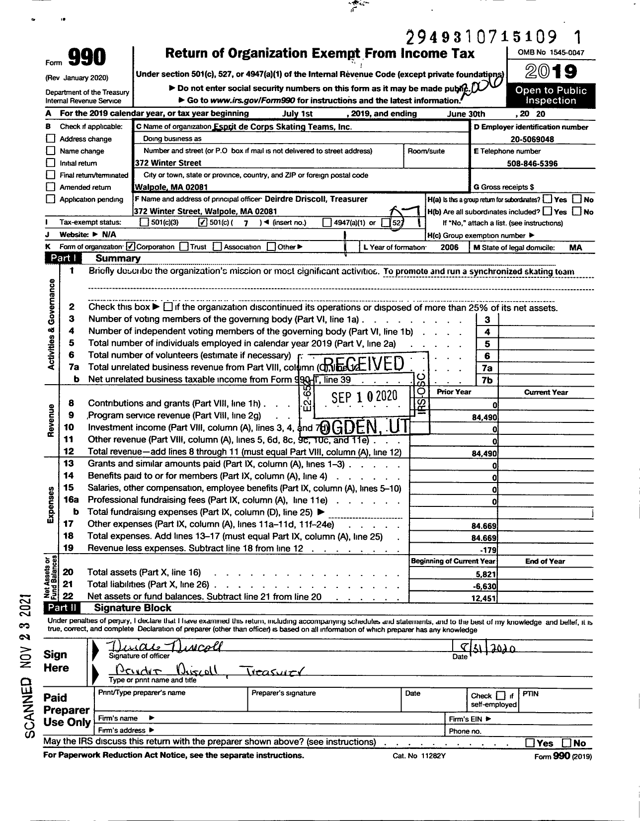 Image of first page of 2019 Form 990O for Esprit de Corps Skating Teams