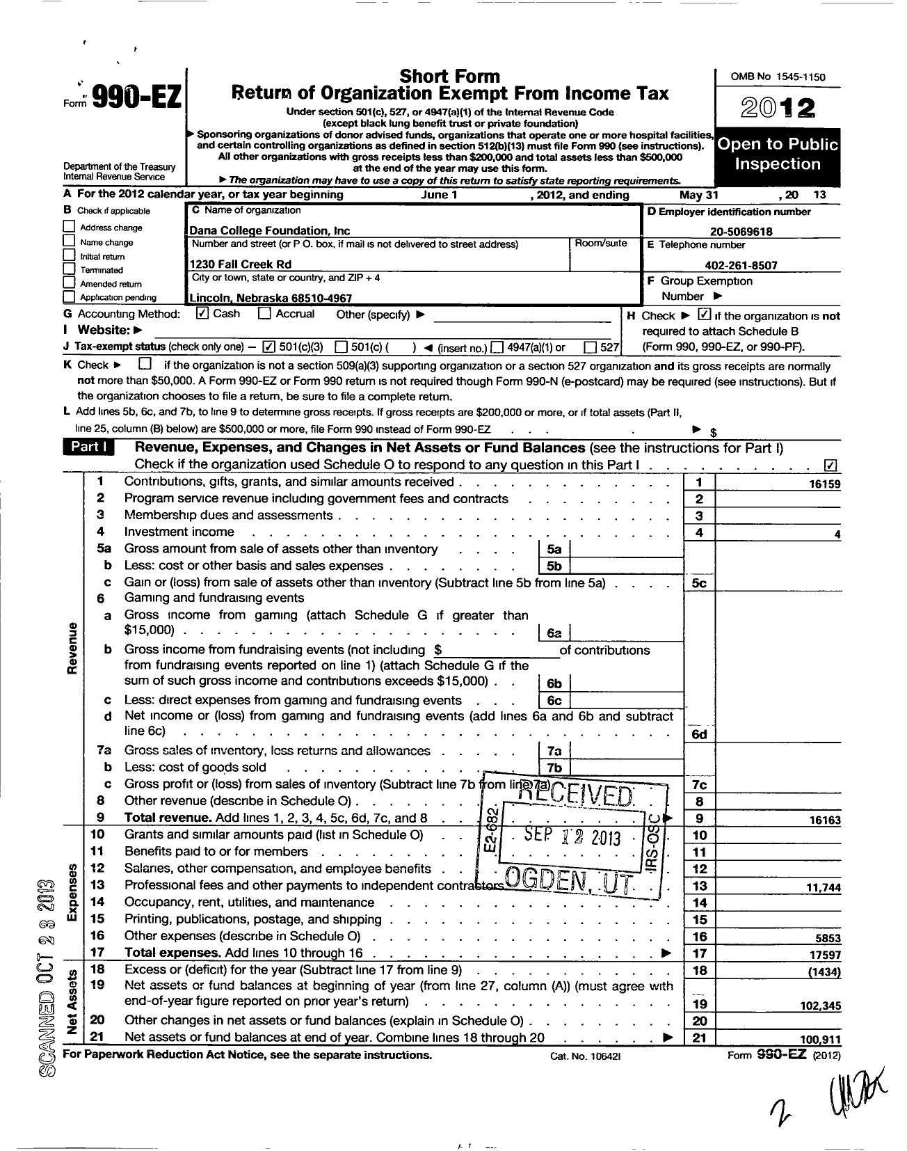 Image of first page of 2012 Form 990EZ for Dana College Foundation