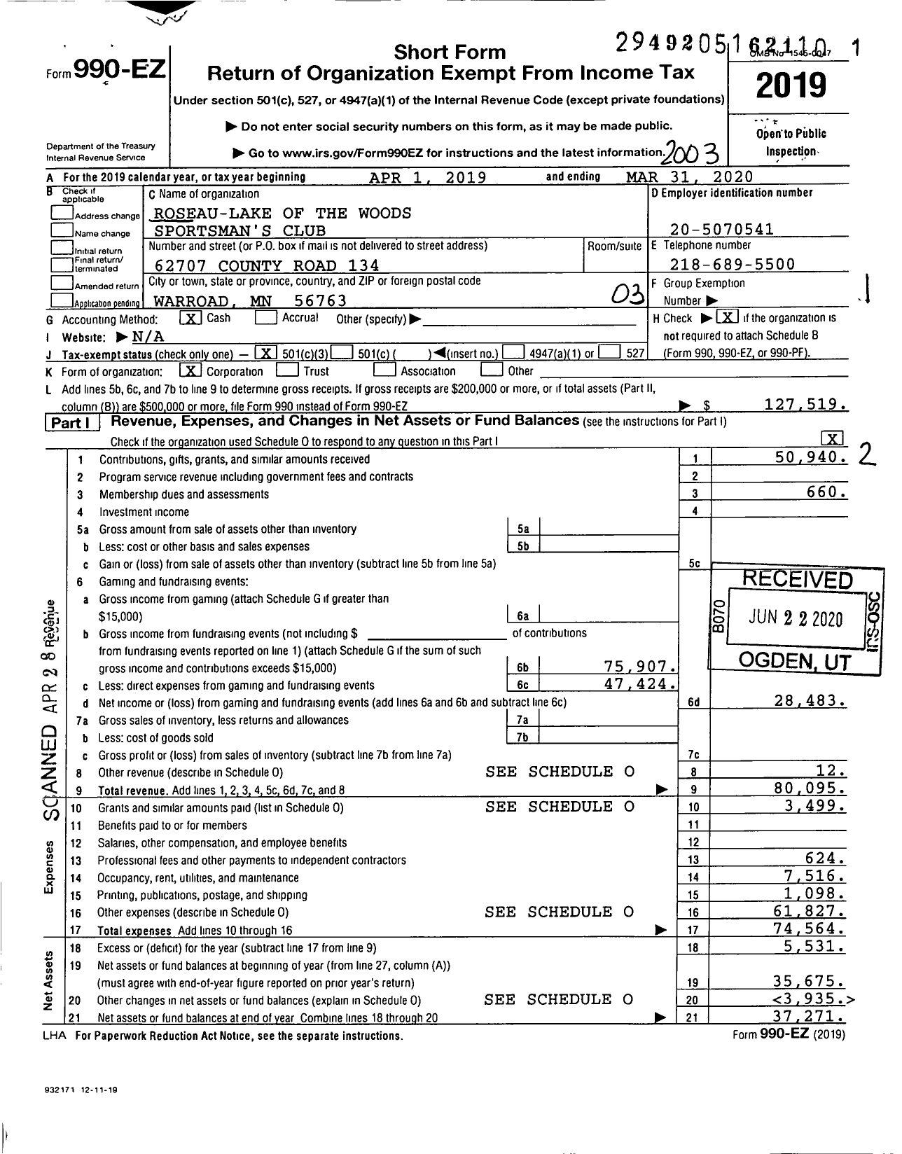 Image of first page of 2019 Form 990EZ for Roseau-Lake of the Woods Sportsman's Club