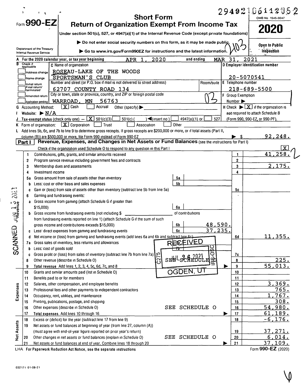 Image of first page of 2020 Form 990EZ for Roseau-Lake of the Woods Sportsman's Club