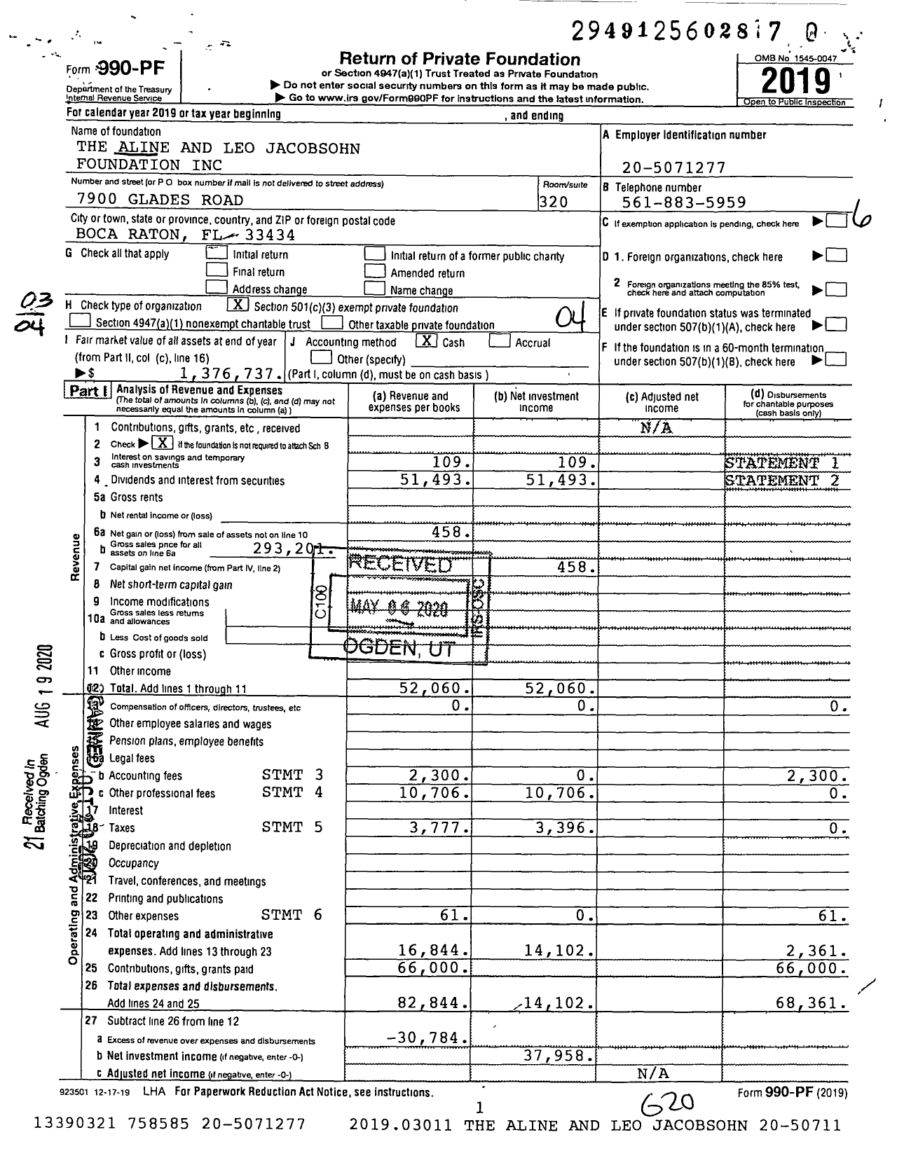 Image of first page of 2019 Form 990PR for The Aline and Leo Jacobsohn Foundation