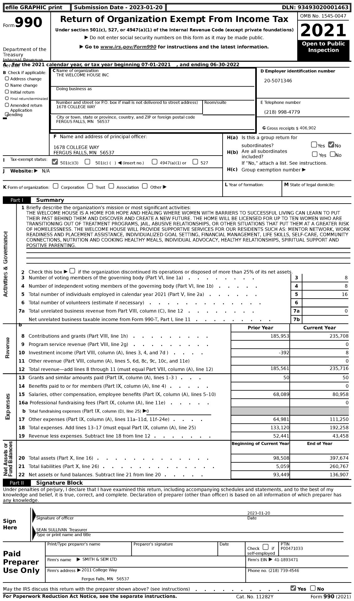 Image of first page of 2021 Form 990 for The Welcome House