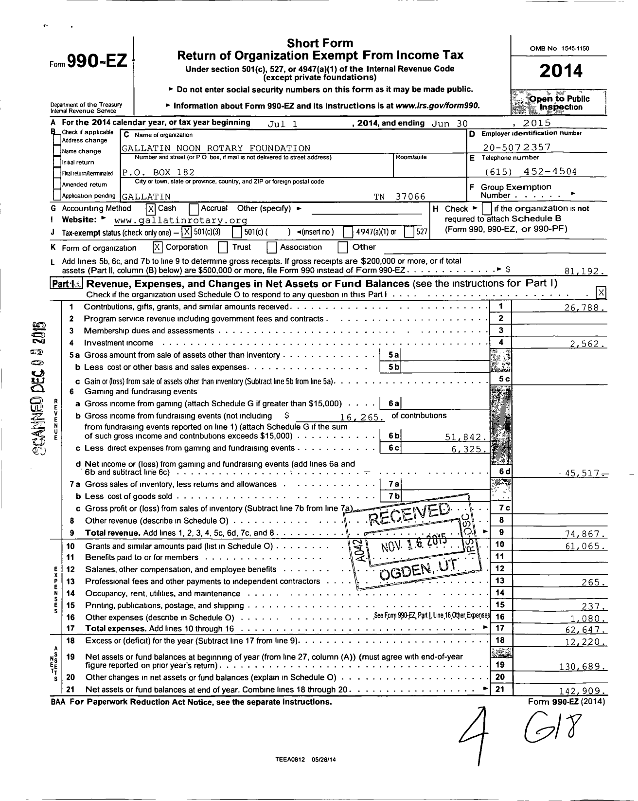 Image of first page of 2014 Form 990EZ for Gallatin Noon Rotary Foundation