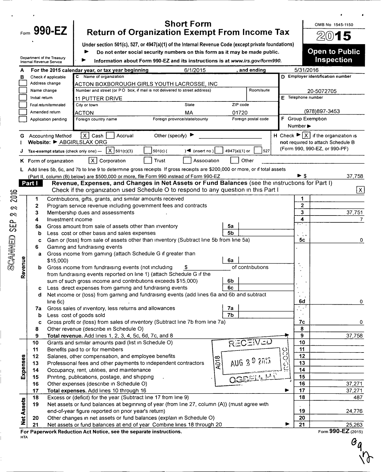 Image of first page of 2015 Form 990EZ for Acton Boxborough Girls Youth Lacrosse