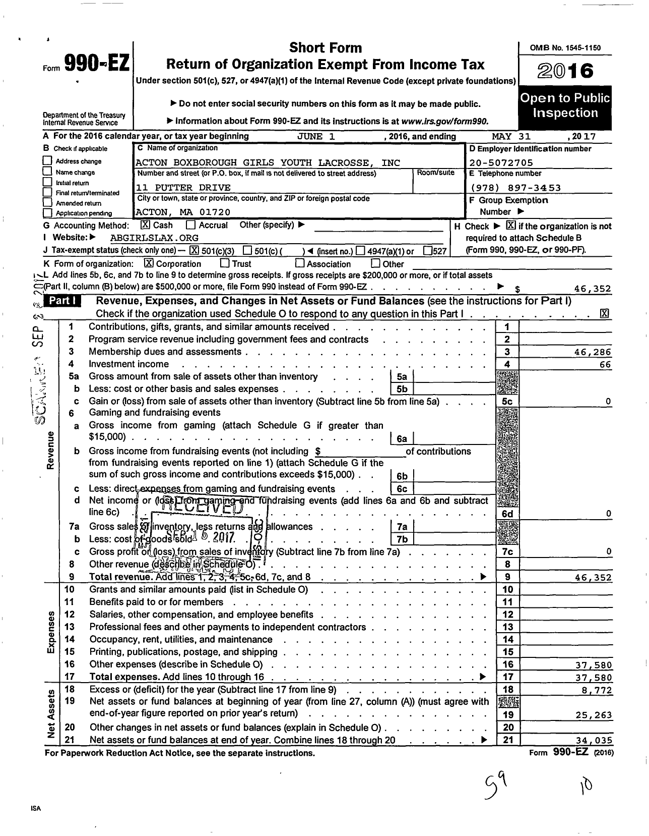 Image of first page of 2016 Form 990EZ for Acton Boxborough Girls Youth Lacrosse