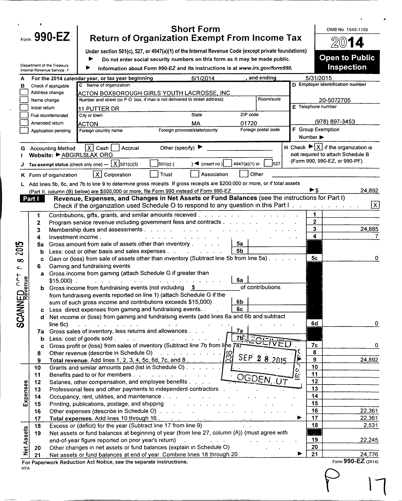 Image of first page of 2014 Form 990EZ for Acton Boxborough Girls Youth Lacrosse