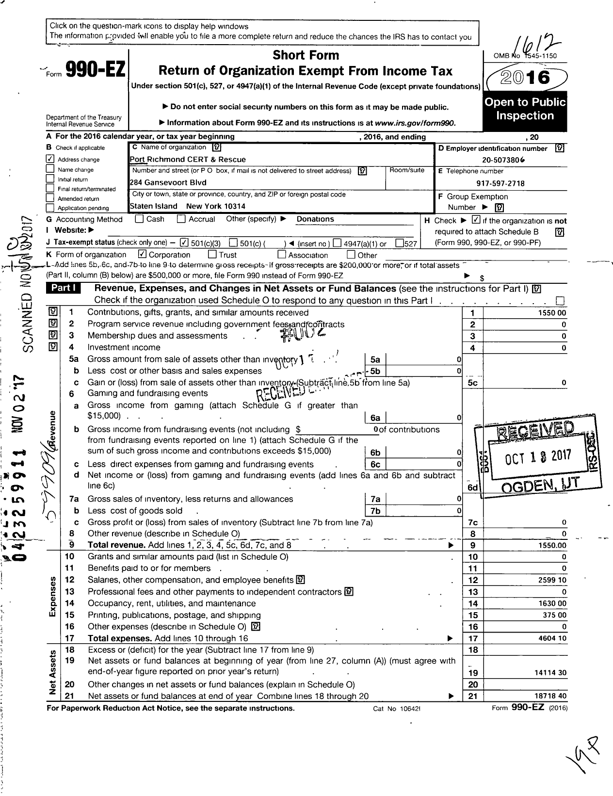 Image of first page of 2016 Form 990EZ for Port Richmond Cert-Rescue