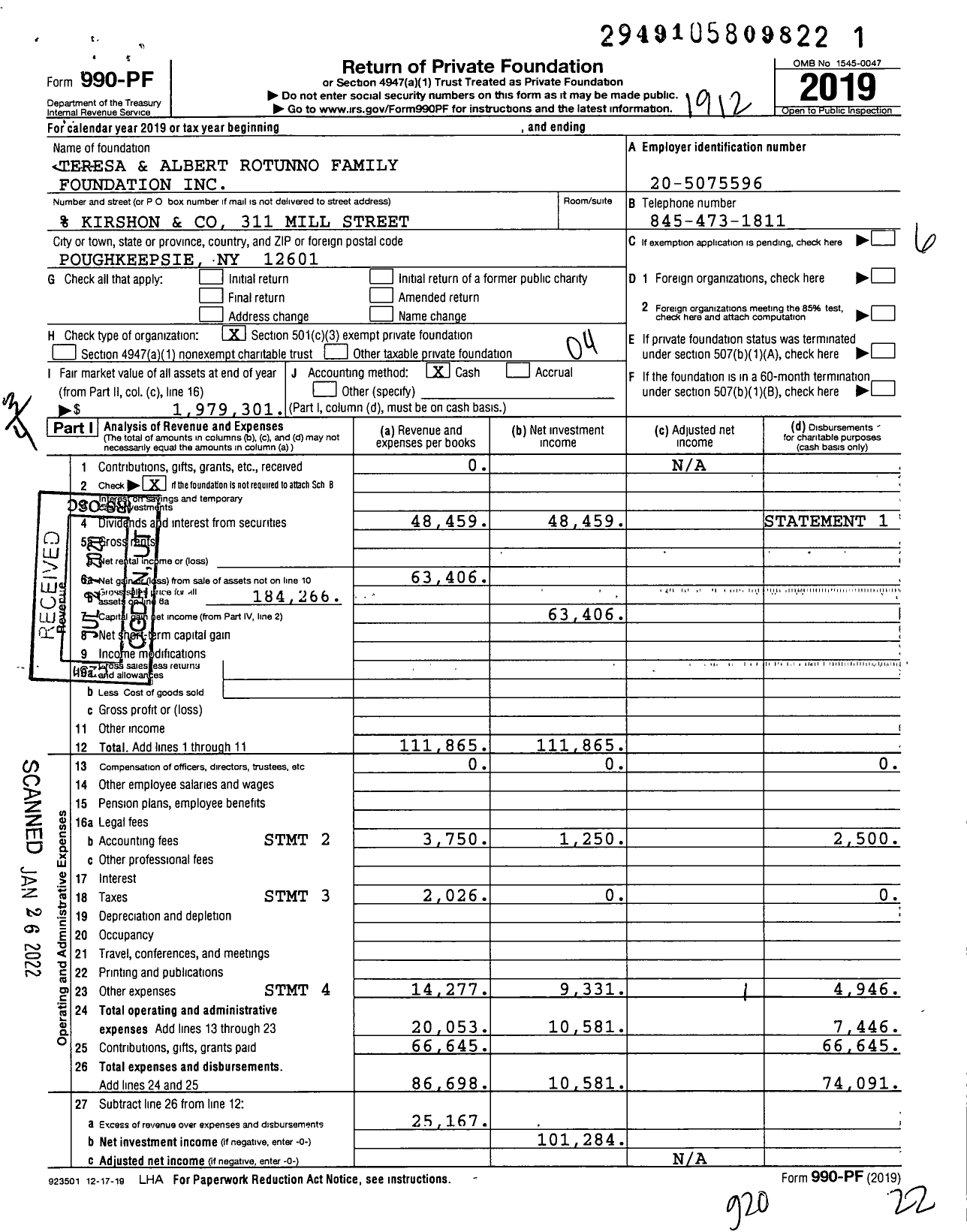 Image of first page of 2019 Form 990PF for Teresa and Albert Rotunno Family Foundation