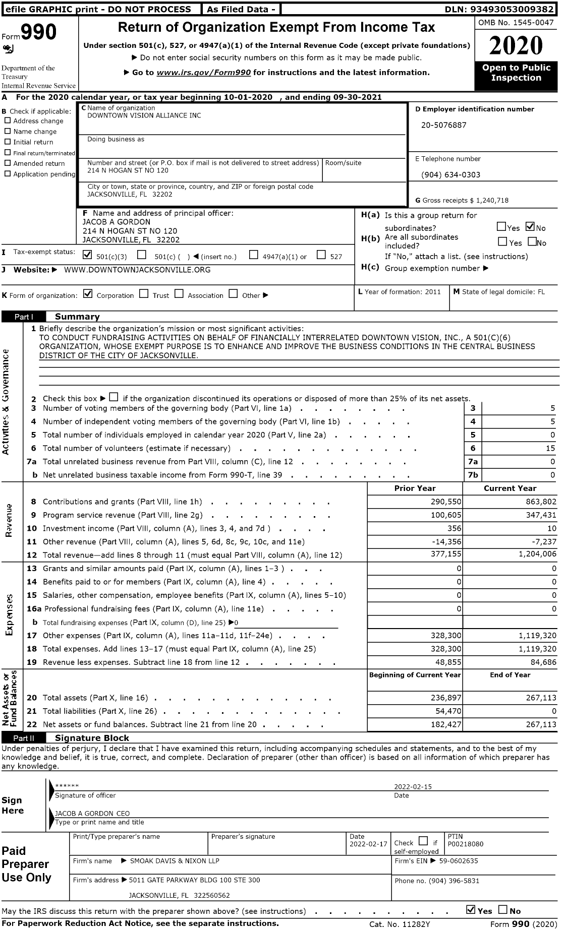 Image of first page of 2020 Form 990 for Downtown Vision Alliance