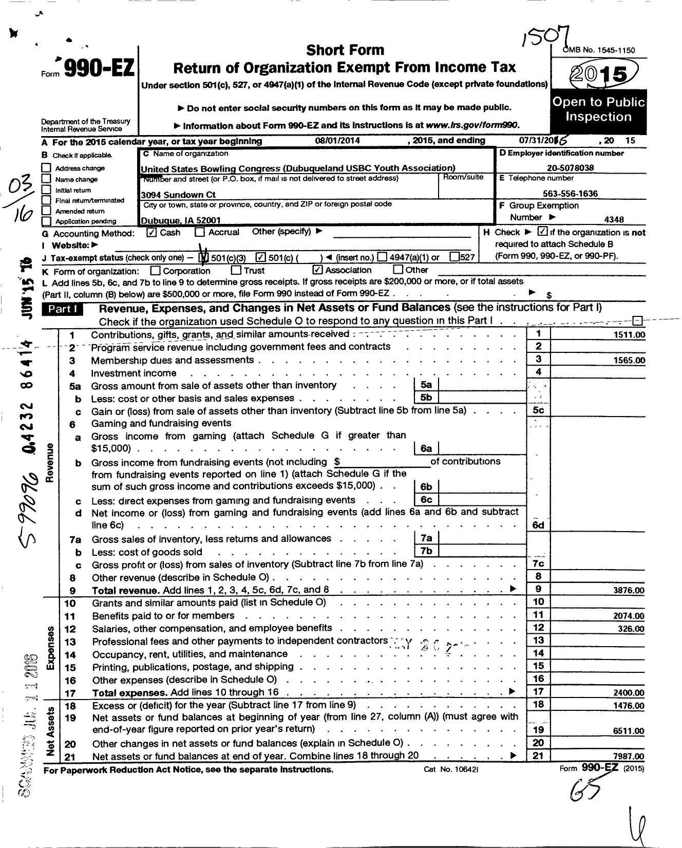 Image of first page of 2014 Form 990EZ for United States Bowling Congress - 85737 Dubuqueland Usbc Youth