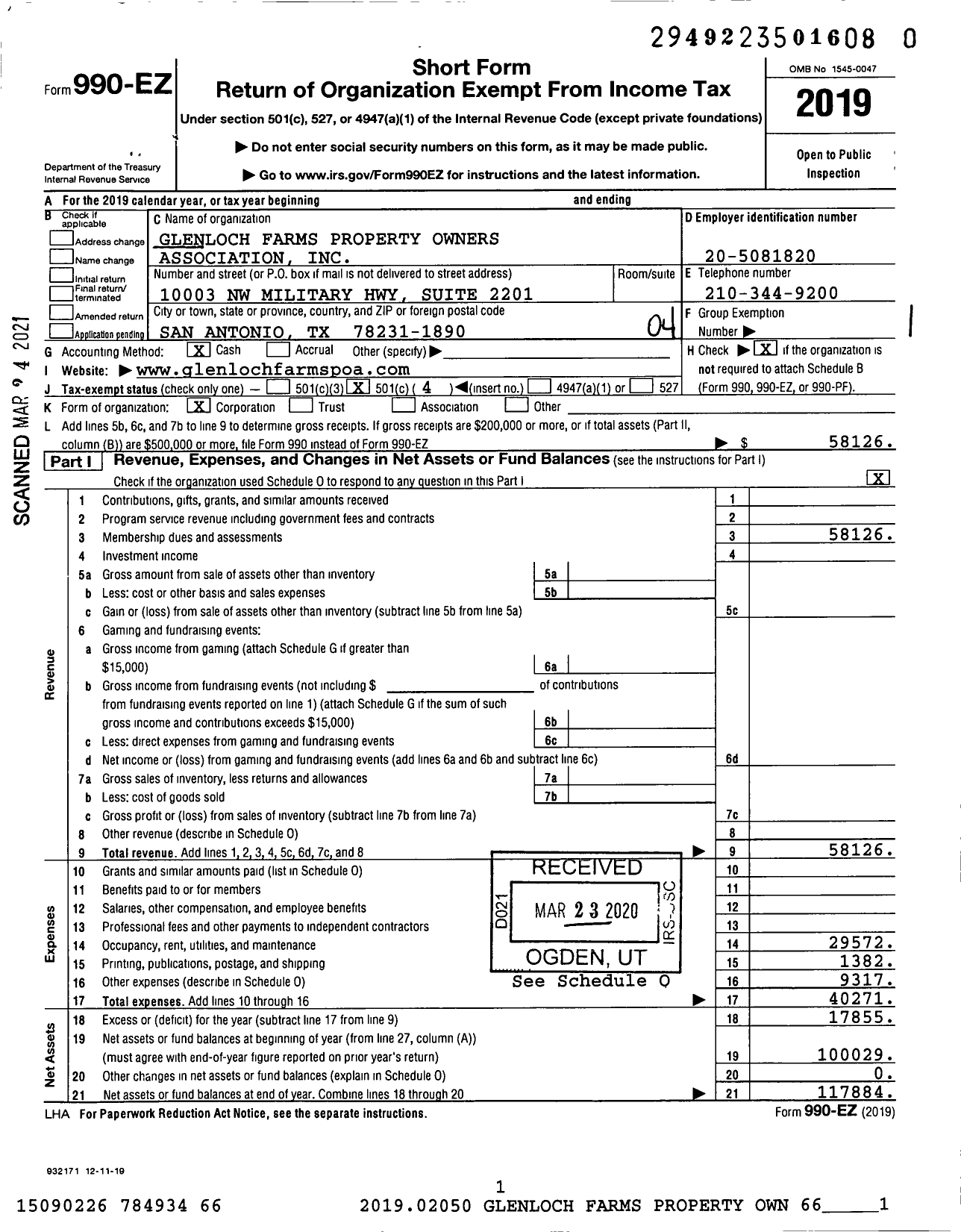 Image of first page of 2019 Form 990EO for Glenloch Farms Property Owners Association