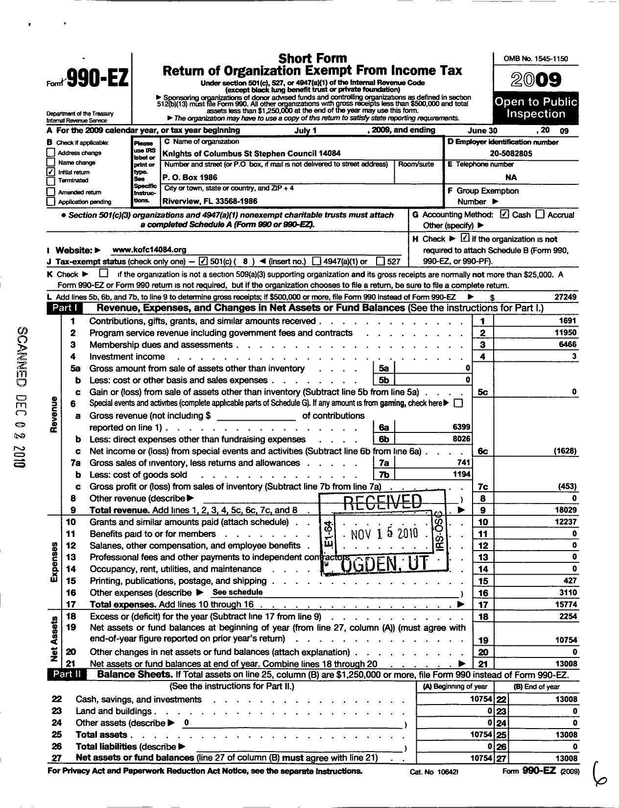 Image of first page of 2008 Form 990EO for Knights of Columbus - 14084 St Stephen Council