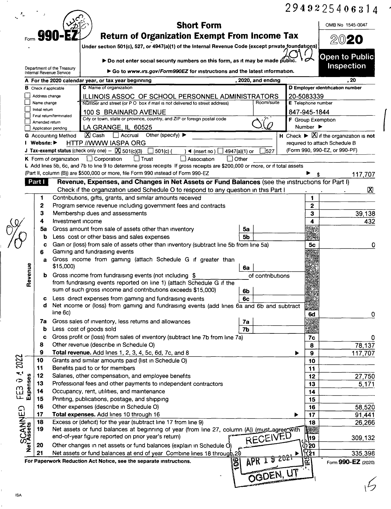 Image of first page of 2020 Form 990EO for Illinois Association of School Personnel Administrators (IASPA)